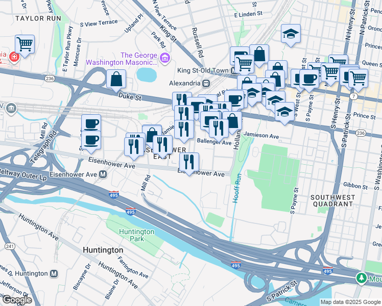 map of restaurants, bars, coffee shops, grocery stores, and more near 600 Dulany Street in Alexandria