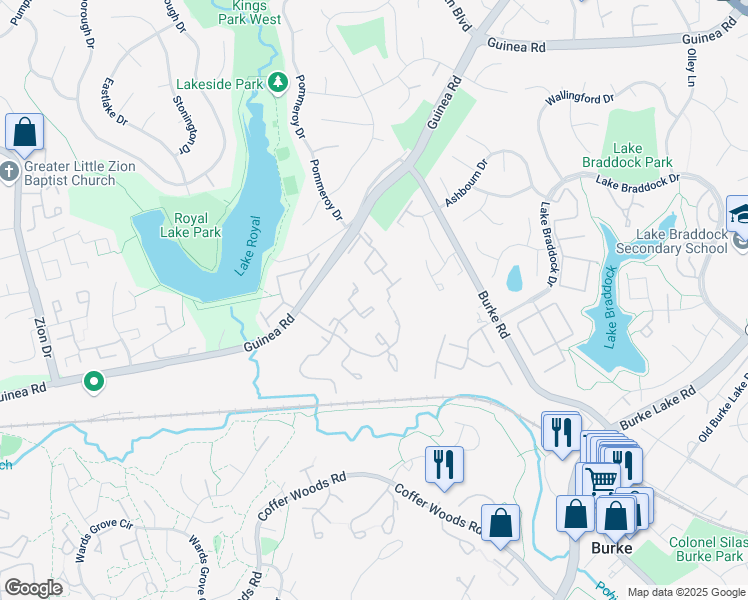 map of restaurants, bars, coffee shops, grocery stores, and more near 9869 High Water Court in Burke