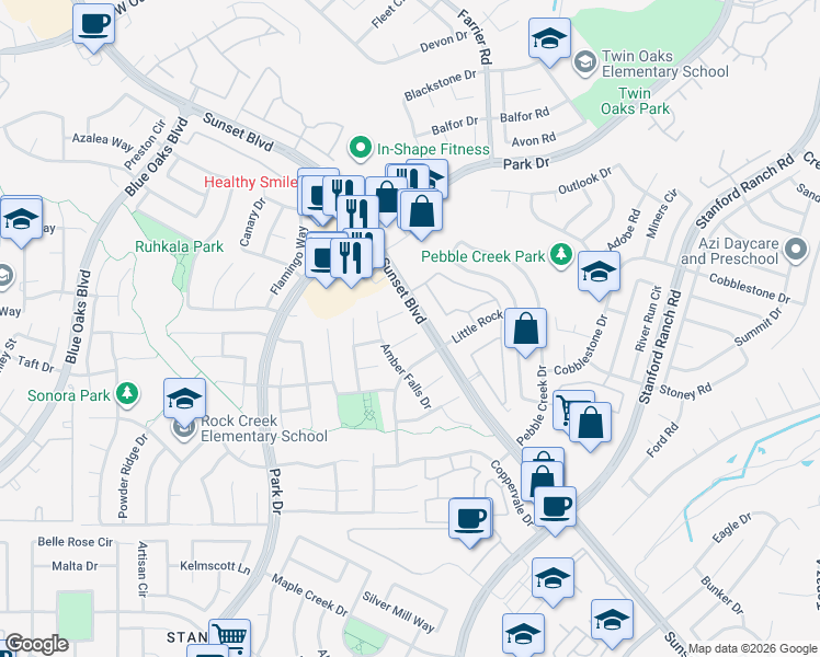 map of restaurants, bars, coffee shops, grocery stores, and more near 5951 Moss Creek Court in Rocklin