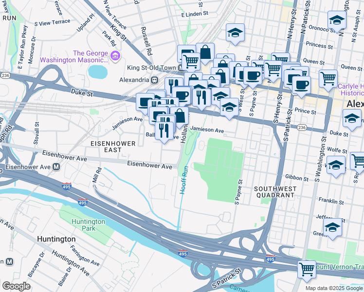 map of restaurants, bars, coffee shops, grocery stores, and more near 503 Holland Lane in Alexandria