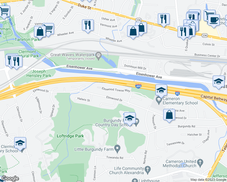 map of restaurants, bars, coffee shops, grocery stores, and more near 3810 Elmwood Towne Way in Alexandria