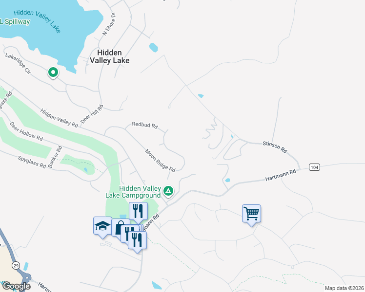 map of restaurants, bars, coffee shops, grocery stores, and more near 19429 Moon Ridge Road in Hidden Valley Lake