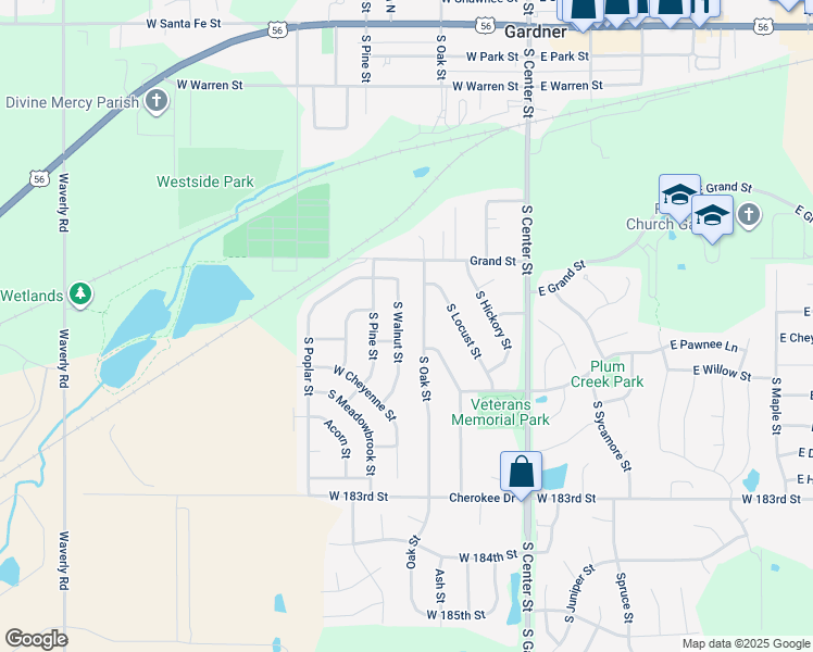 map of restaurants, bars, coffee shops, grocery stores, and more near 583 South Walnut Street in Gardner