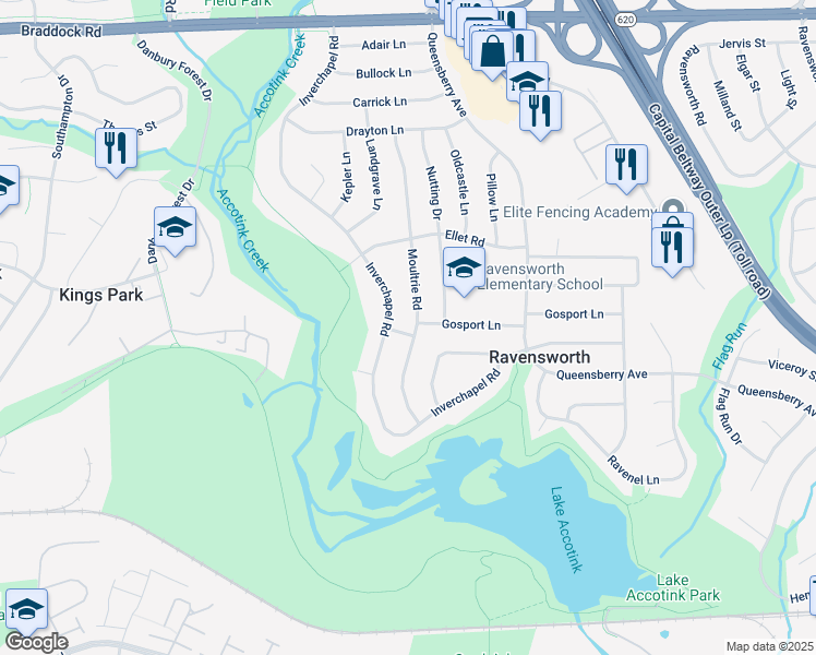 map of restaurants, bars, coffee shops, grocery stores, and more near 5421 Moultrie Road in Springfield