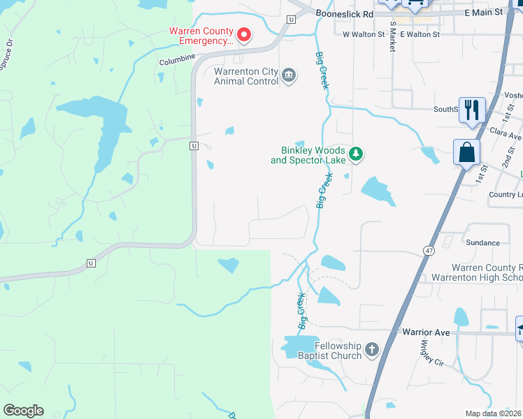 map of restaurants, bars, coffee shops, grocery stores, and more near 412 Briden in Warrenton
