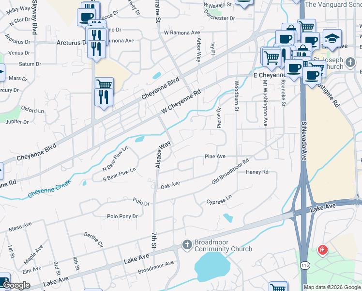 map of restaurants, bars, coffee shops, grocery stores, and more near 25 Alsace Way in Colorado Springs