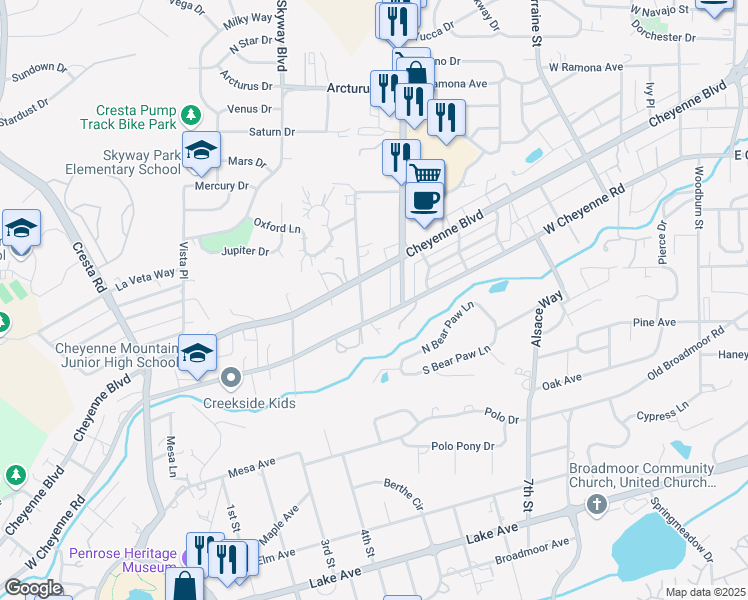 map of restaurants, bars, coffee shops, grocery stores, and more near 19 Wolfe Avenue in Colorado Springs