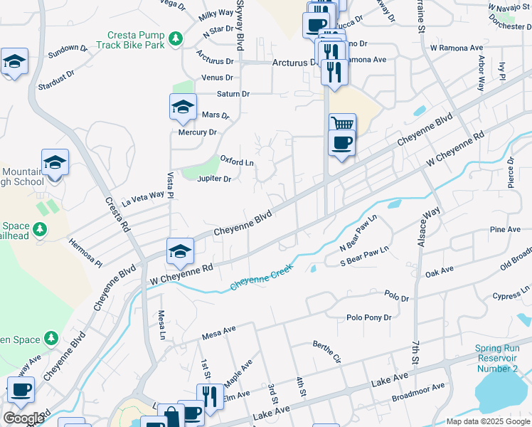 map of restaurants, bars, coffee shops, grocery stores, and more near 918 Cheyenne Boulevard in Colorado Springs