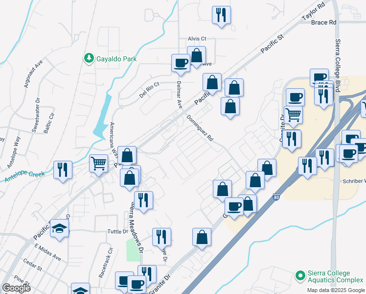map of restaurants, bars, coffee shops, grocery stores, and more near 4454 Sierra Pine Way in Rocklin