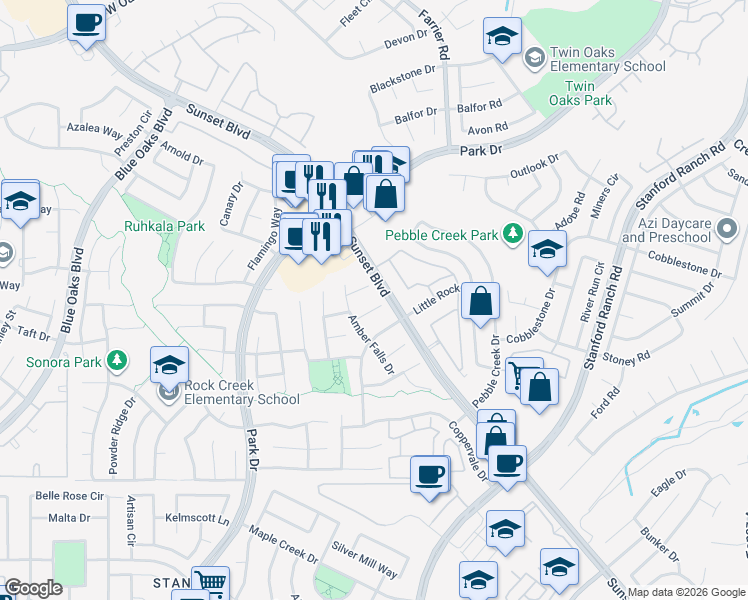 map of restaurants, bars, coffee shops, grocery stores, and more near 5951 Moss Creek Court in Rocklin