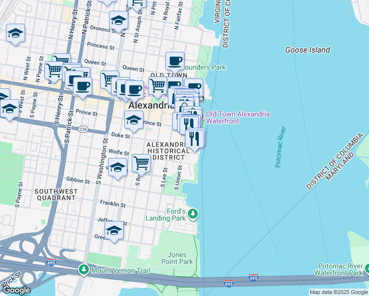 map of restaurants, bars, coffee shops, grocery stores, and more near 300 South Union Street in Alexandria