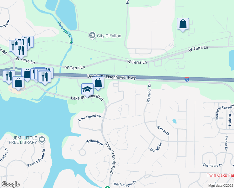 map of restaurants, bars, coffee shops, grocery stores, and more near 533 Bent Oak Drive in Lake Saint Louis