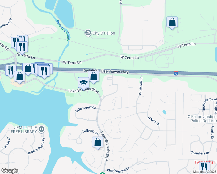 map of restaurants, bars, coffee shops, grocery stores, and more near 950 Bent Oak Drive in Lake Saint Louis