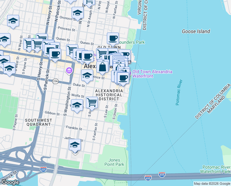 map of restaurants, bars, coffee shops, grocery stores, and more near 102 Duke Street in Alexandria