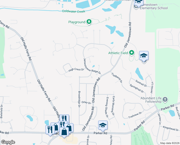 map of restaurants, bars, coffee shops, grocery stores, and more near 12951 Broadridge Lane in Florissant