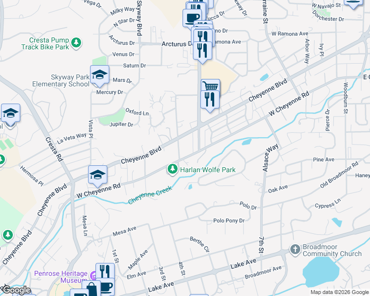 map of restaurants, bars, coffee shops, grocery stores, and more near 19 Wolfe Avenue in Colorado Springs