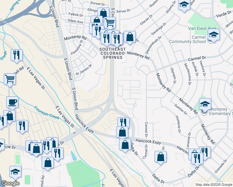 map of restaurants, bars, coffee shops, grocery stores, and more near 2132 Babbling Stream Heights in Colorado Springs