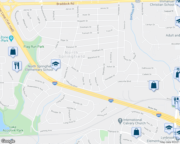 map of restaurants, bars, coffee shops, grocery stores, and more near 7414 Axton Street in Springfield