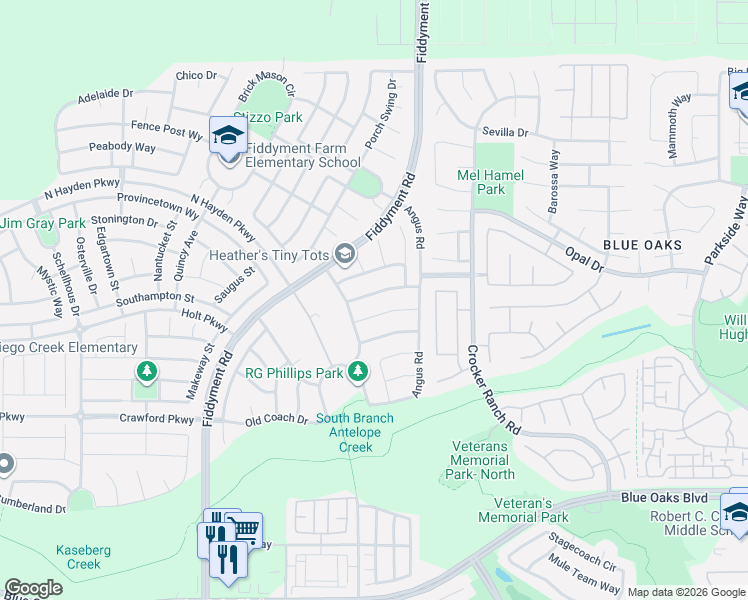 map of restaurants, bars, coffee shops, grocery stores, and more near 2032 Cattledrive Way in Roseville