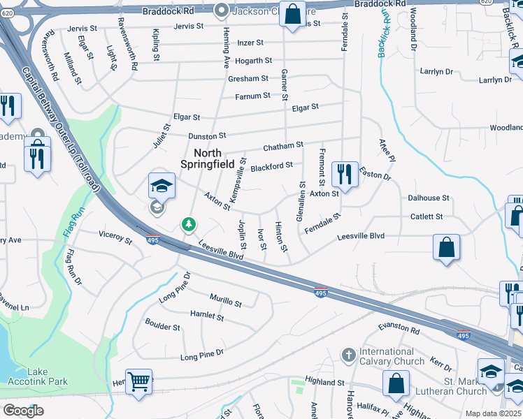 map of restaurants, bars, coffee shops, grocery stores, and more near 7414 Axton Street in Springfield