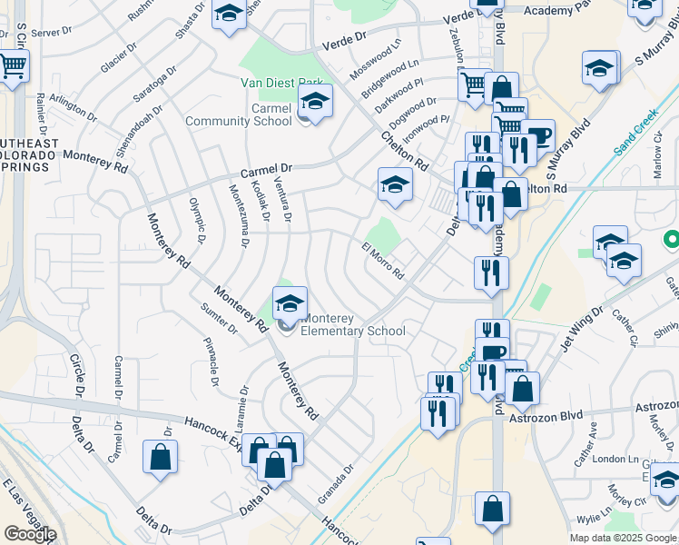 map of restaurants, bars, coffee shops, grocery stores, and more near 2126 Pepperwood Drive in Colorado Springs