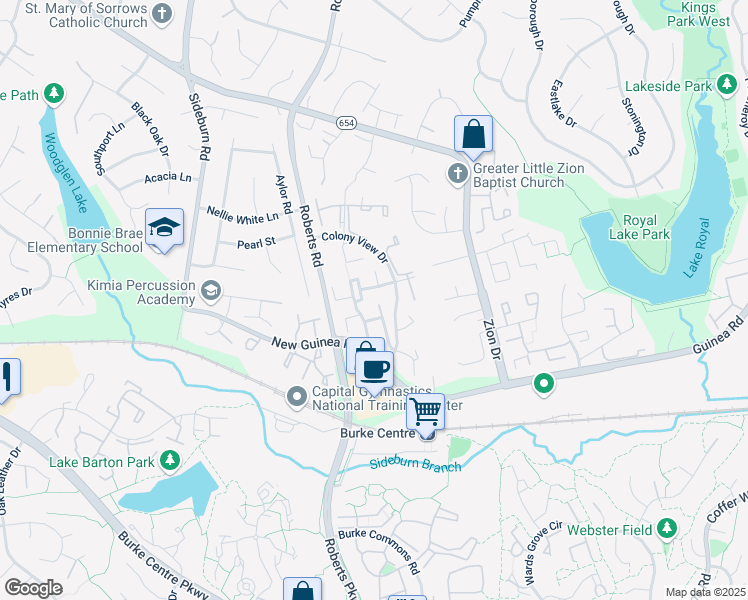 map of restaurants, bars, coffee shops, grocery stores, and more near 10326 Colony Park Drive in Fairfax