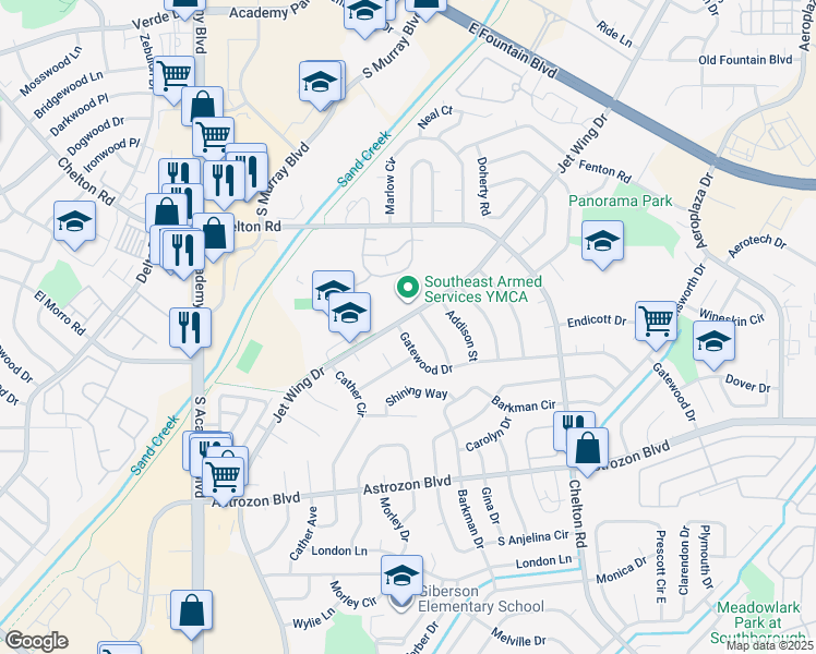 map of restaurants, bars, coffee shops, grocery stores, and more near 4206 Gatewood Drive in Colorado Springs