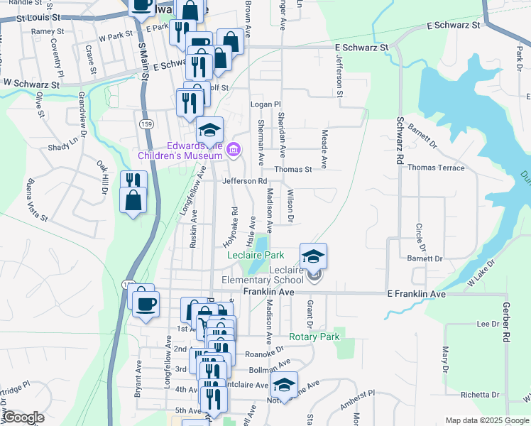 map of restaurants, bars, coffee shops, grocery stores, and more near 849 Madison Avenue in Edwardsville