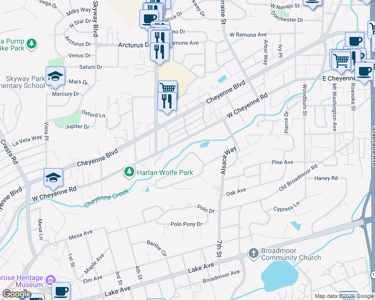 map of restaurants, bars, coffee shops, grocery stores, and more near 540 North Bear Paw Lane in Colorado Springs