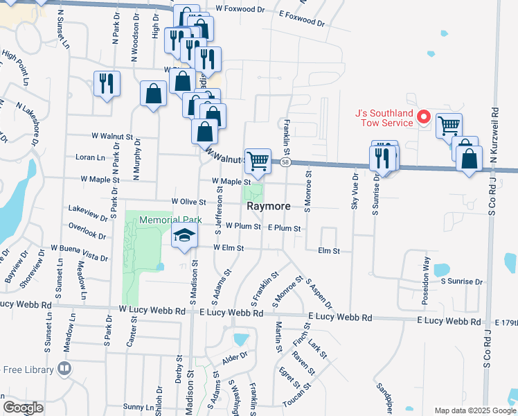 map of restaurants, bars, coffee shops, grocery stores, and more near 302 South Washington Street in Raymore