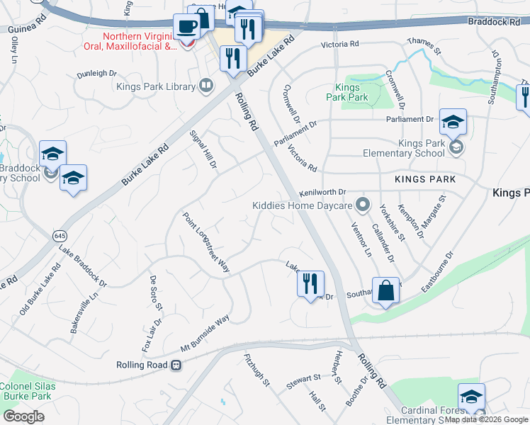 map of restaurants, bars, coffee shops, grocery stores, and more near 8913 Kenilworth Drive in Burke