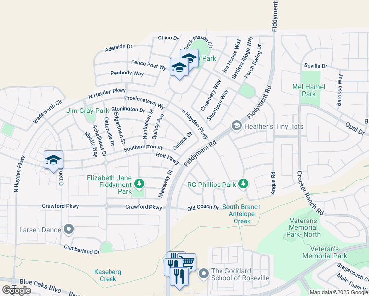 map of restaurants, bars, coffee shops, grocery stores, and more near 5024 Saugus Street in Roseville