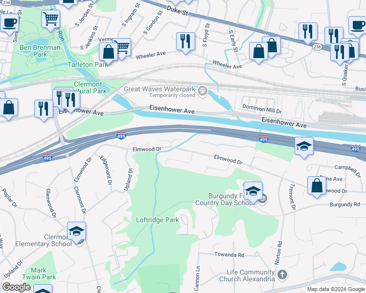 map of restaurants, bars, coffee shops, grocery stores, and more near 4006 Elmwood Drive in Alexandria