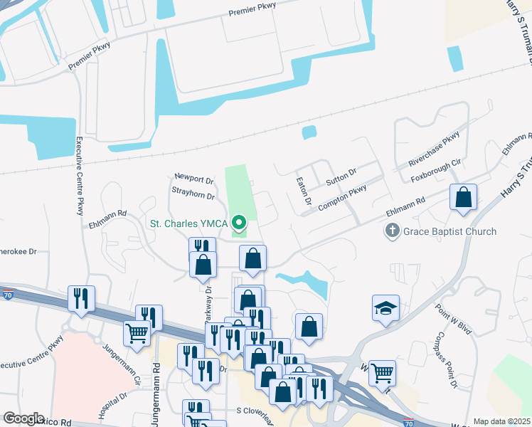 map of restaurants, bars, coffee shops, grocery stores, and more near 16 Braewood Court in Saint Charles