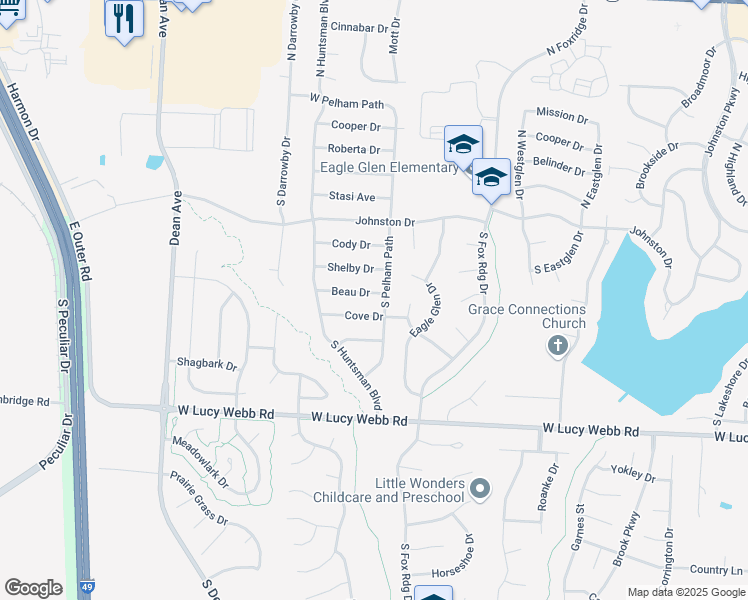 map of restaurants, bars, coffee shops, grocery stores, and more near 1603 Beau Drive in Raymore