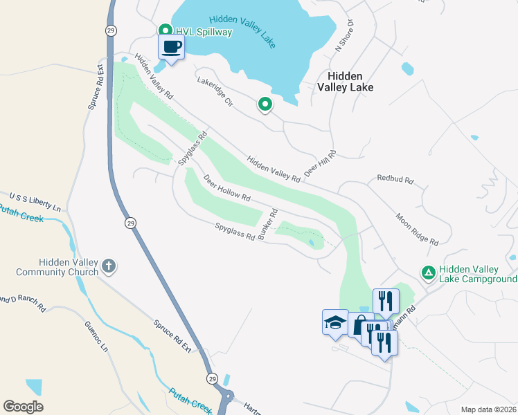 map of restaurants, bars, coffee shops, grocery stores, and more near 18627 Deer Hollow Road in Hidden Valley Lake