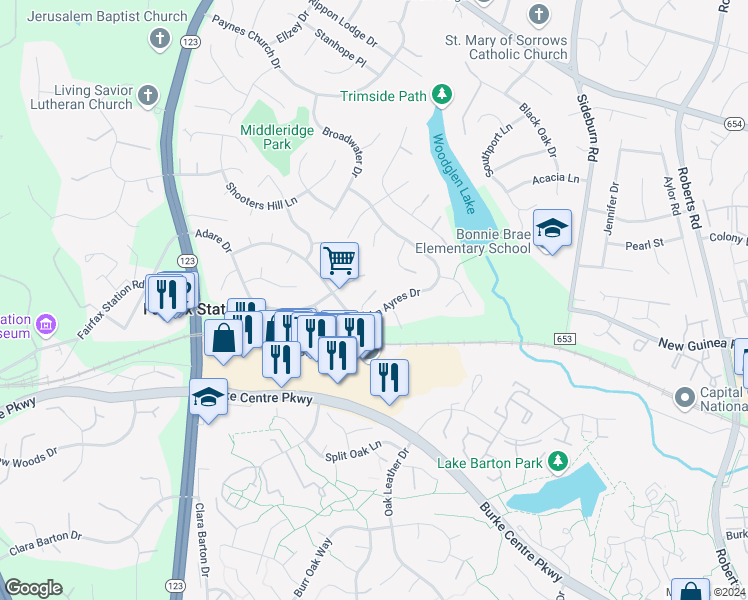 map of restaurants, bars, coffee shops, grocery stores, and more near 5605 Limpkin Court in Fairfax