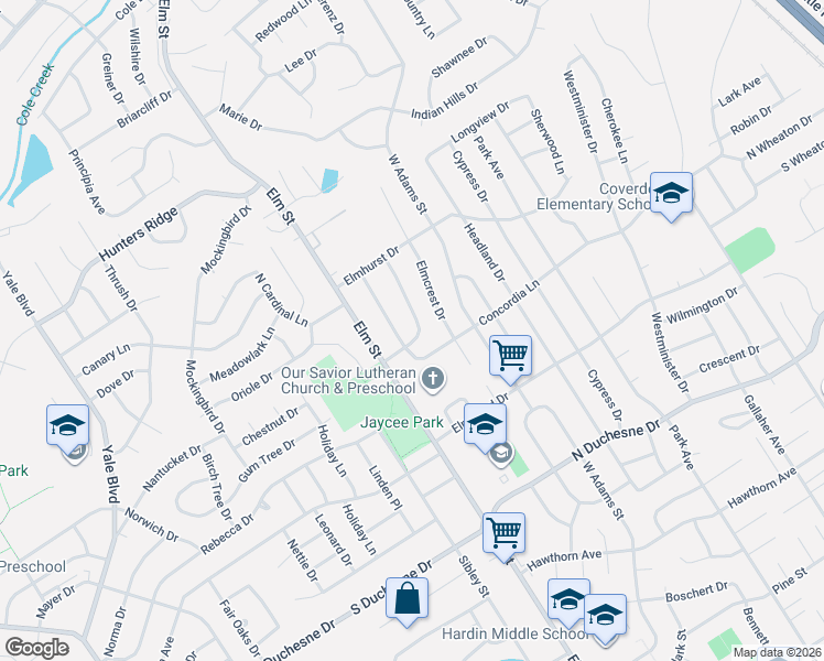 map of restaurants, bars, coffee shops, grocery stores, and more near 2912 Homewood Avenue in Saint Charles