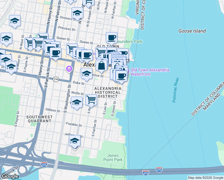 map of restaurants, bars, coffee shops, grocery stores, and more near 110 Duke Street in Alexandria