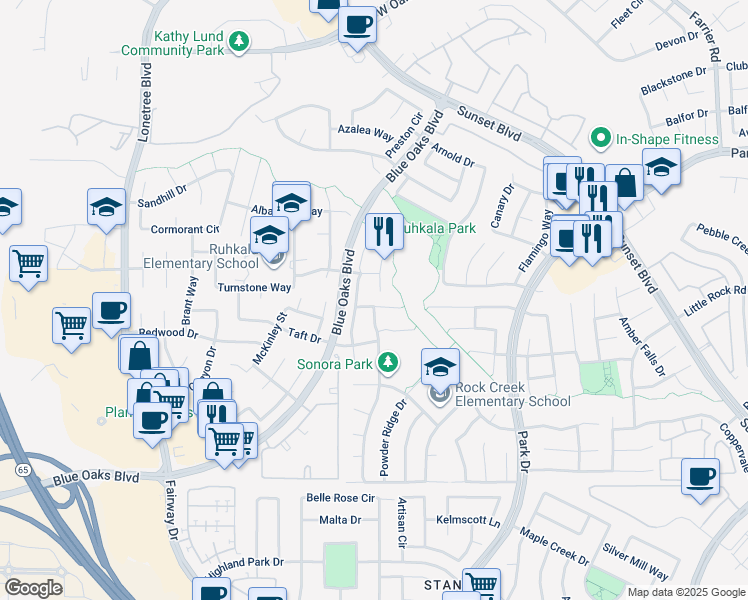 map of restaurants, bars, coffee shops, grocery stores, and more near 2007 Sculpin Way in Rocklin