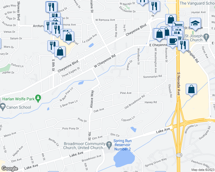 map of restaurants, bars, coffee shops, grocery stores, and more near 112 Trout Avenue in Colorado Springs