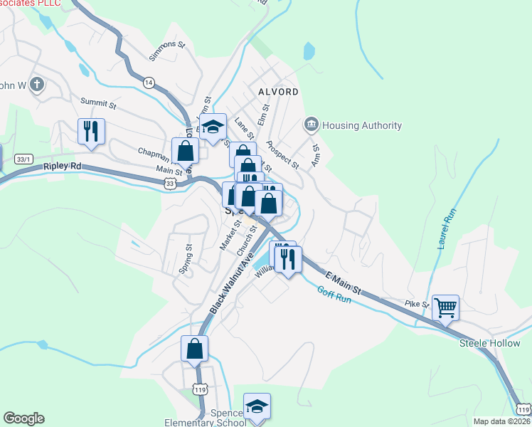 map of restaurants, bars, coffee shops, grocery stores, and more near 203 Church Street in Spencer