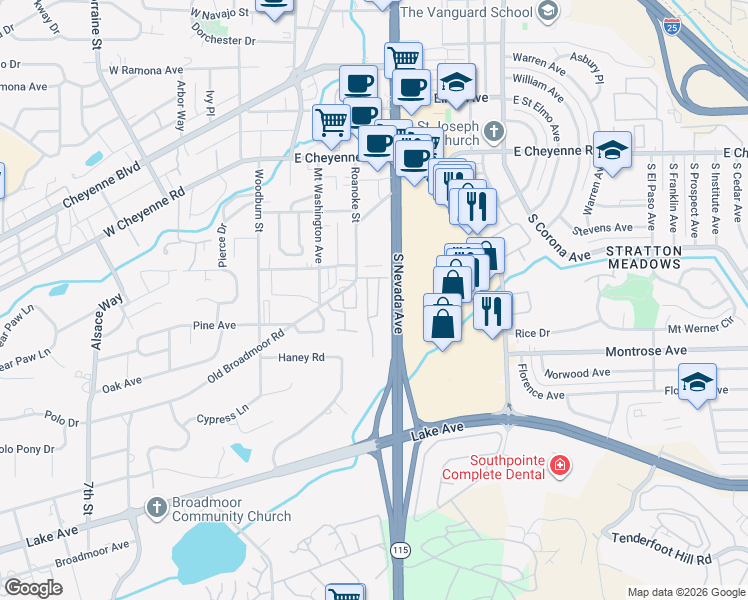 map of restaurants, bars, coffee shops, grocery stores, and more near 2035 Glenhill Rd in Colorado Springs