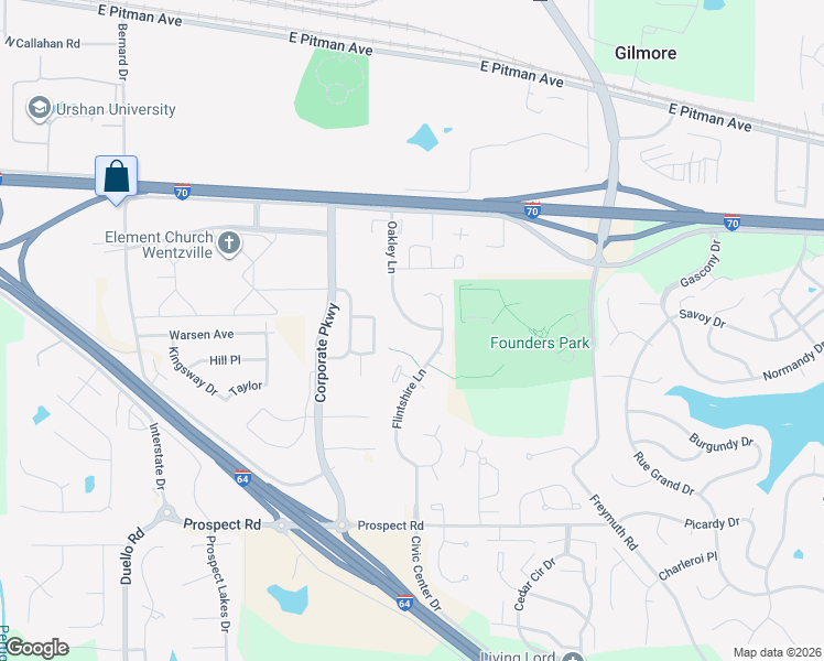 map of restaurants, bars, coffee shops, grocery stores, and more near 1121 Oakley Lane in Lake Saint Louis