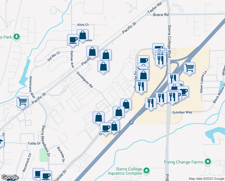 map of restaurants, bars, coffee shops, grocery stores, and more near 4731 Sweeney Circle in Rocklin