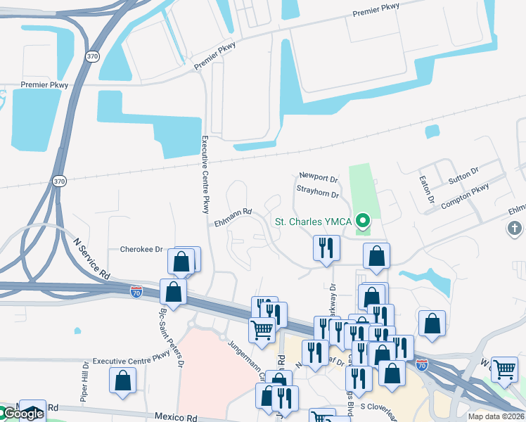 map of restaurants, bars, coffee shops, grocery stores, and more near 410 Benton Drive in St. Peters