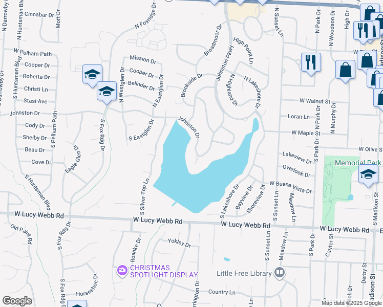 map of restaurants, bars, coffee shops, grocery stores, and more near 1001 Johnston Drive in Raymore