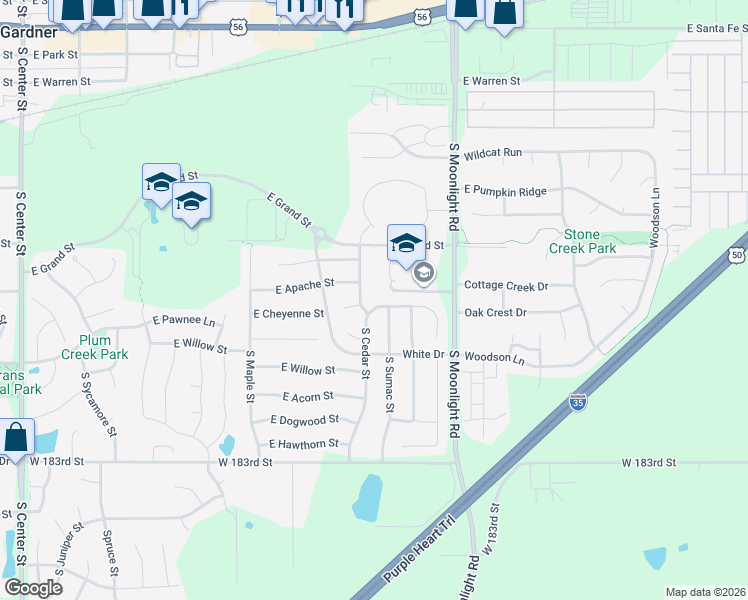 map of restaurants, bars, coffee shops, grocery stores, and more near 700 East Cheyenne Street in Gardner
