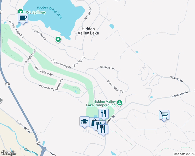 map of restaurants, bars, coffee shops, grocery stores, and more near 18994 Hidden Valley Road in Hidden Valley Lake