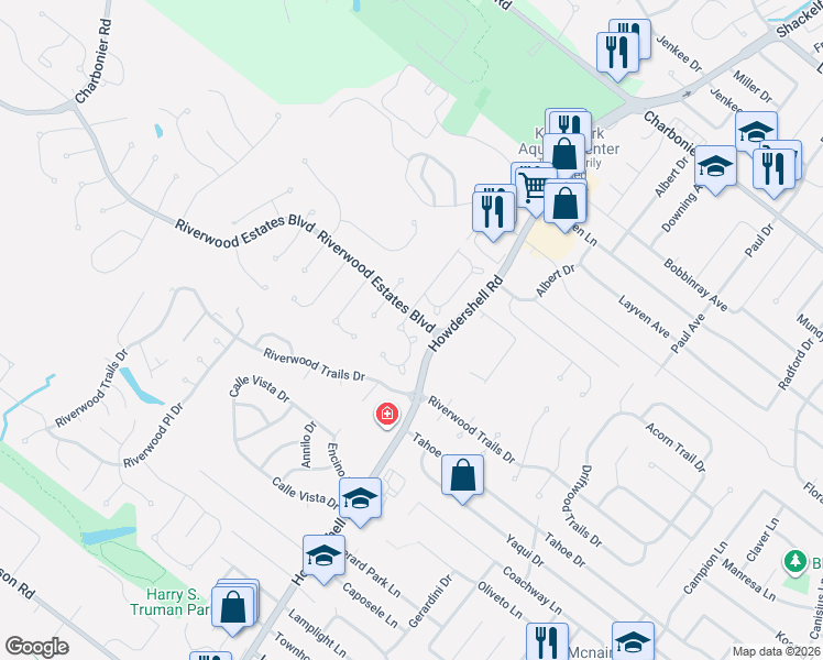 map of restaurants, bars, coffee shops, grocery stores, and more near 118 Riverwood Park Drive in Florissant